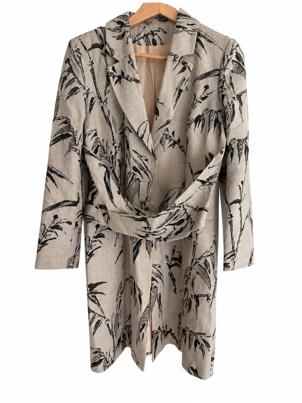 Botanical Print Linen Blend Wrap Jacket Coat Beige Black